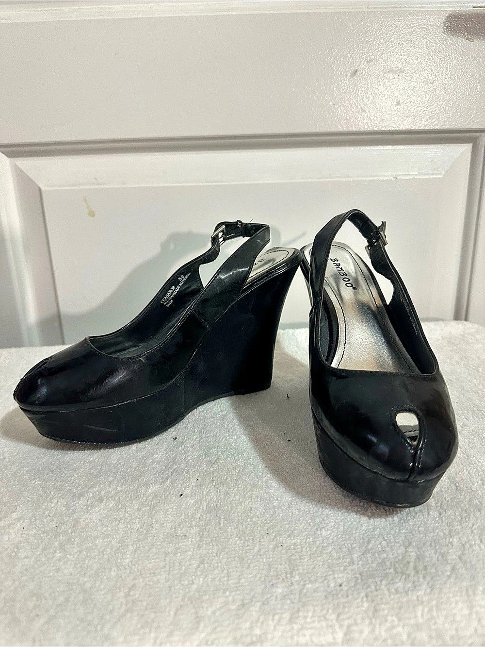 Bamboo Ceasar Black Peep Toe Wedge Sandals